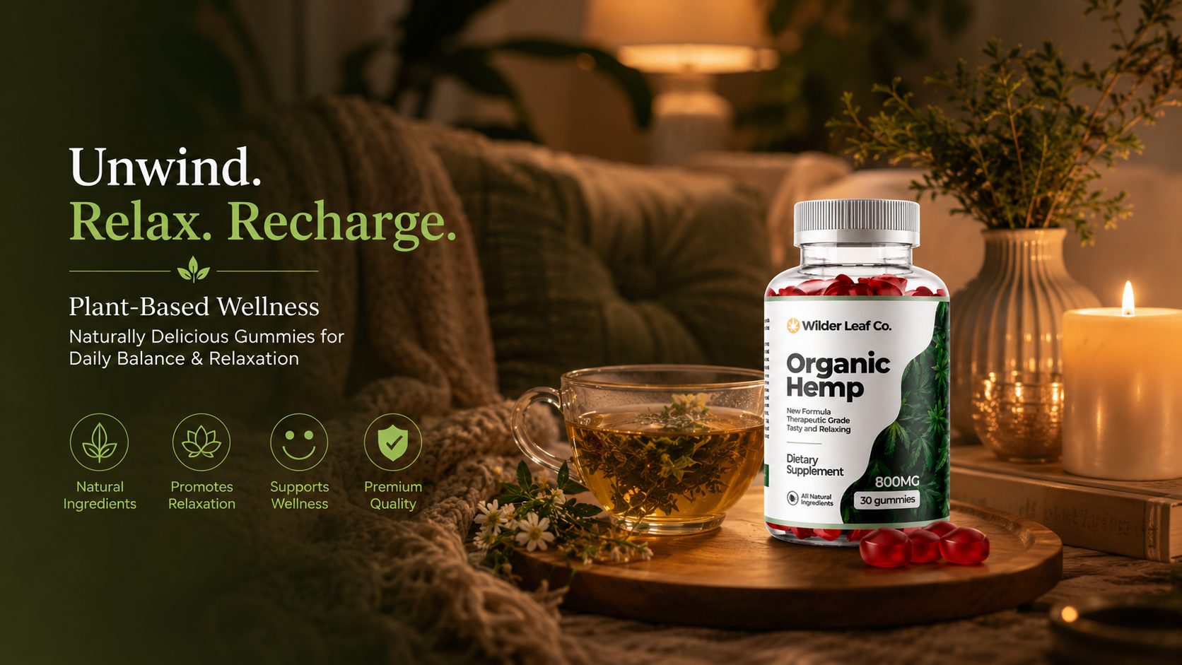 Provided Wilder Leaf promotional image with a hemp gummy bottle, herbal tea, and candle
