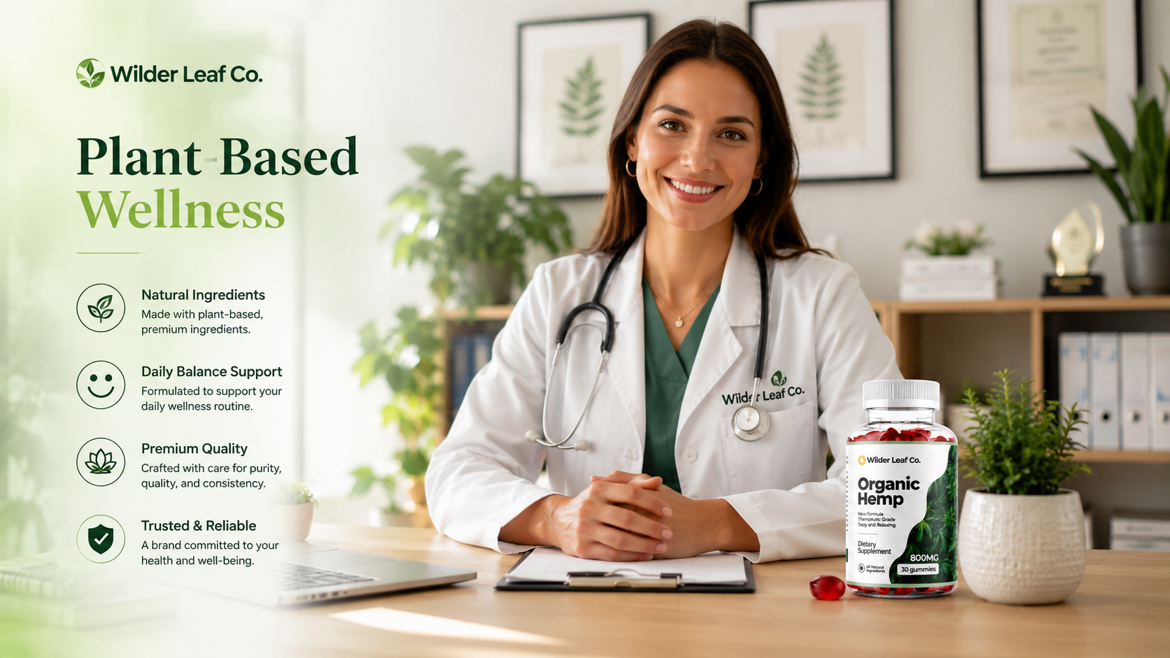 Provided Wilder Leaf promotional image featuring a hemp gummy bottle in a botanical office setting
