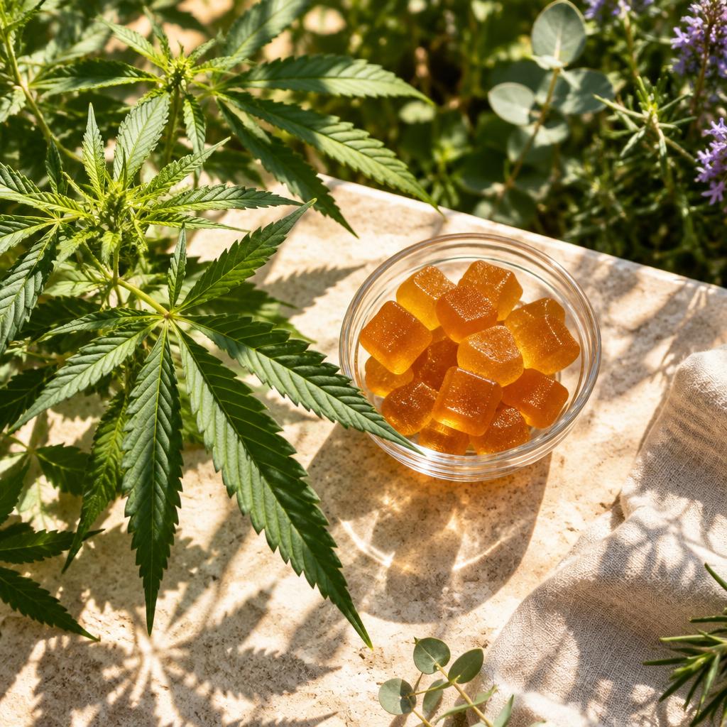 Golden gummy cubes in a glass bowl beside fresh green hemp leaves