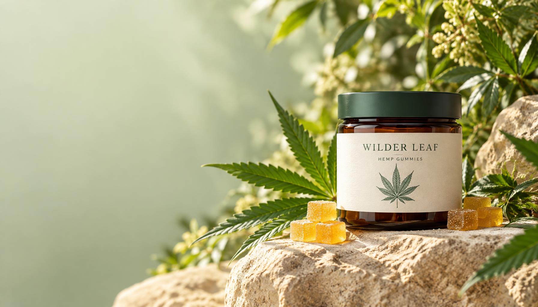 Illustrative Wilder Leaf hemp gummy jar with golden gummies and fresh botanical leaves